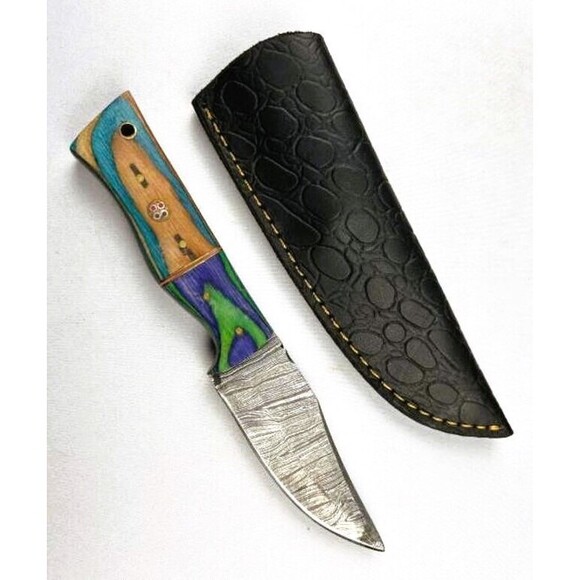 Other - Damascus Steel Fixed Blade Knife Custom Crafted Rustic Wood Handle Blue Green 9"